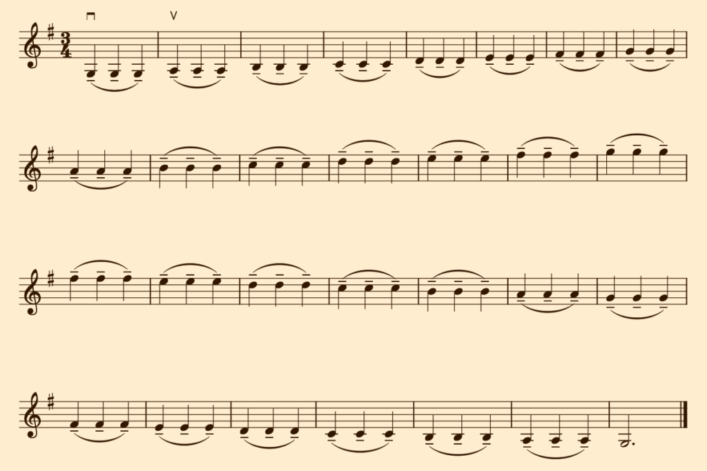 G major scale with each note repeated three times on the same bow.