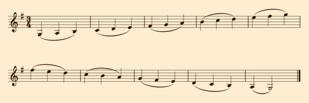G major scale in crotches, each three notes slurred together.