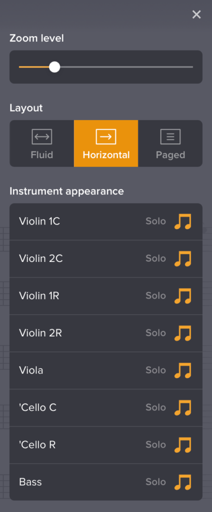 Screenshot from Soundslice showing "Layout" set to "Horizontal" and the "Zoom level" decreased.