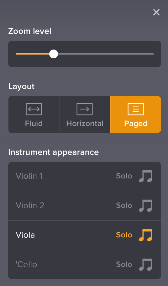 Screenshot from Soundslice showing the "Layout" set to "Paged" and the Viola part "Solo" button enabled.
