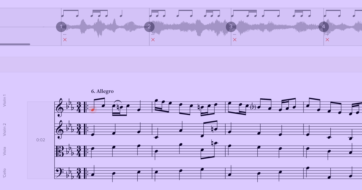 Audio waveform next to sheet music, with markers to show where the sheet music aligns with the waveform.