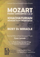 Poster advertising the Launceston Youth and Community Orchestra performing Mozart Piano Concertos 1 and 27, featuring Melbourne Based International Pianist Elyane Laussade.